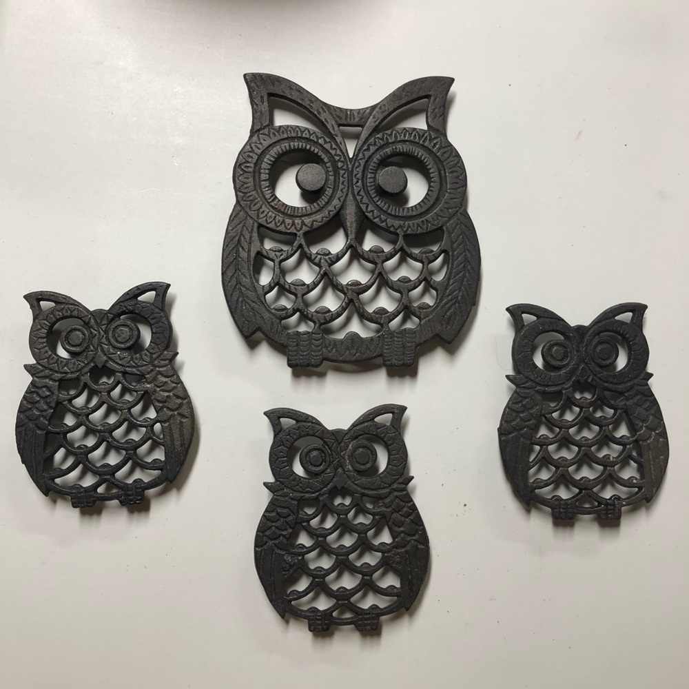 MCM Black Iron Owl Trivets Set of 4